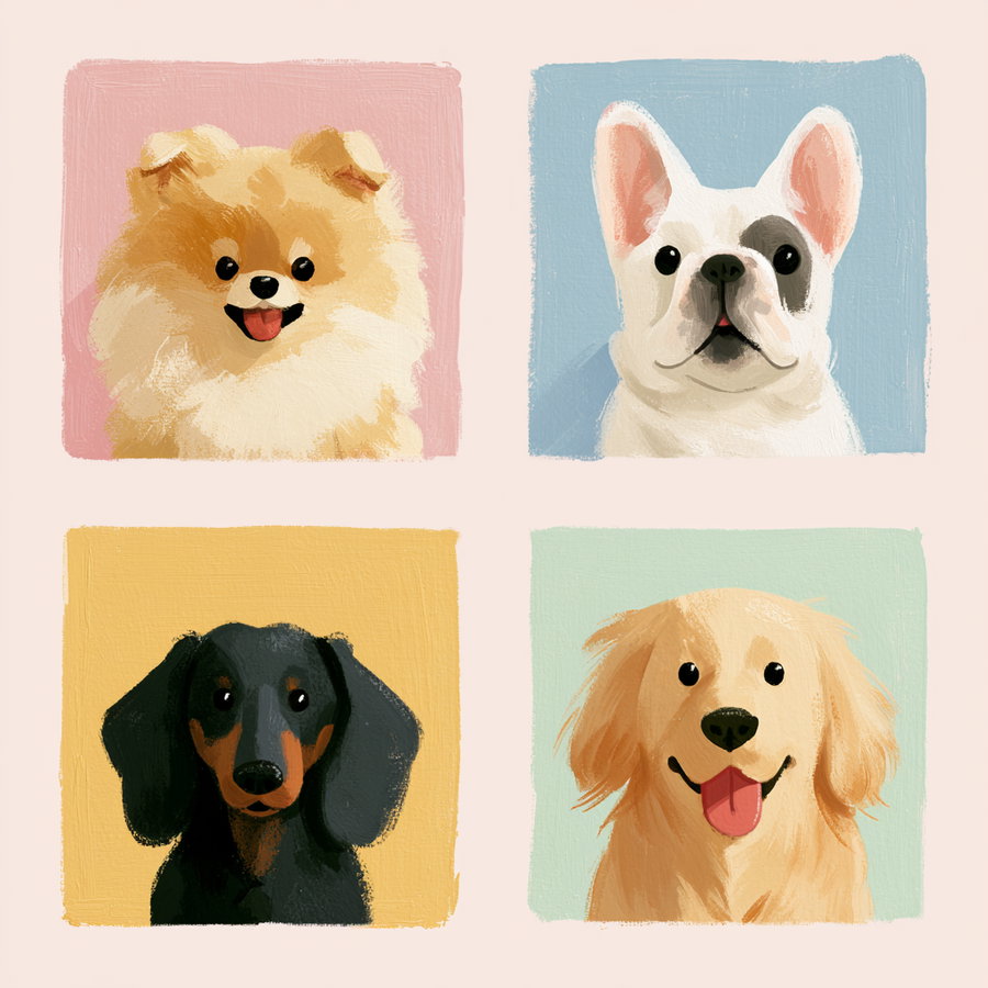 Four digital paintings of dogs: a fluffy tan dog on pink, a white dog with a black patch on blue, a black and brown dog on yellow, and a golden dog with tongue out on light green background