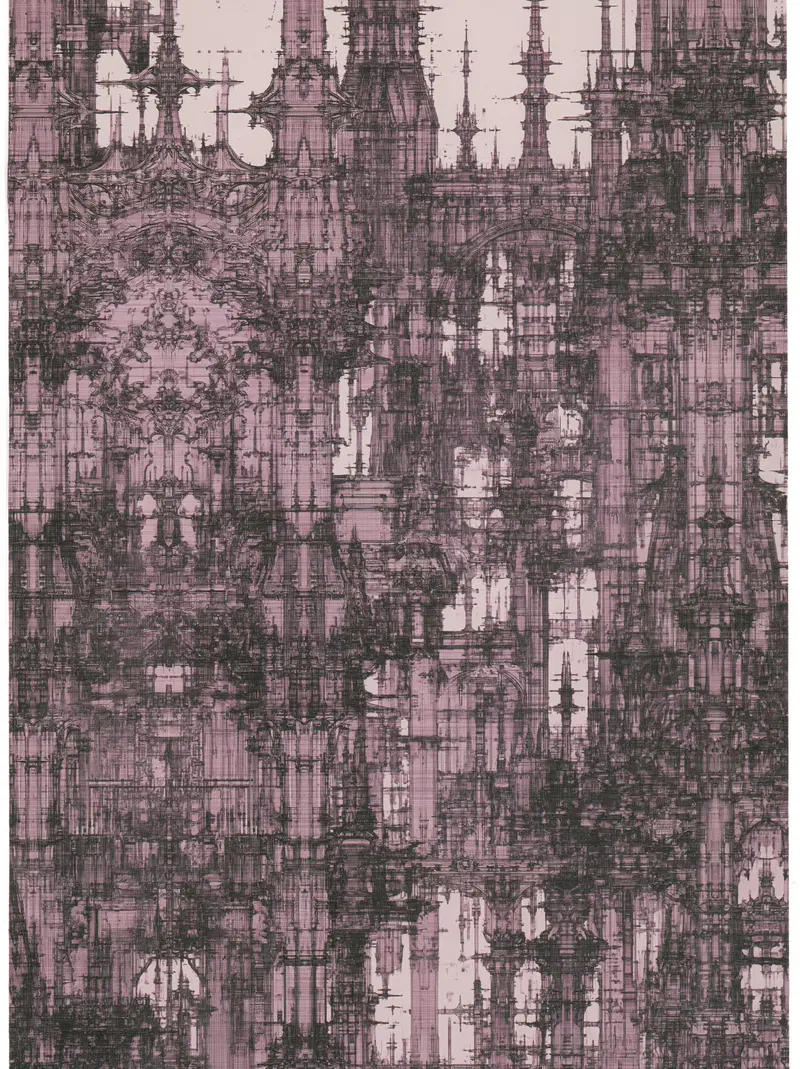 Intricate architectural drawing of gothic-style cathedral facades with spires