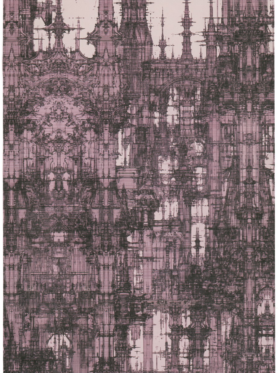 Highly detailed architectural sketch featuring gothic cathedral facades with tall spires and ornate decorative patterns in a monochromatic purplish tone