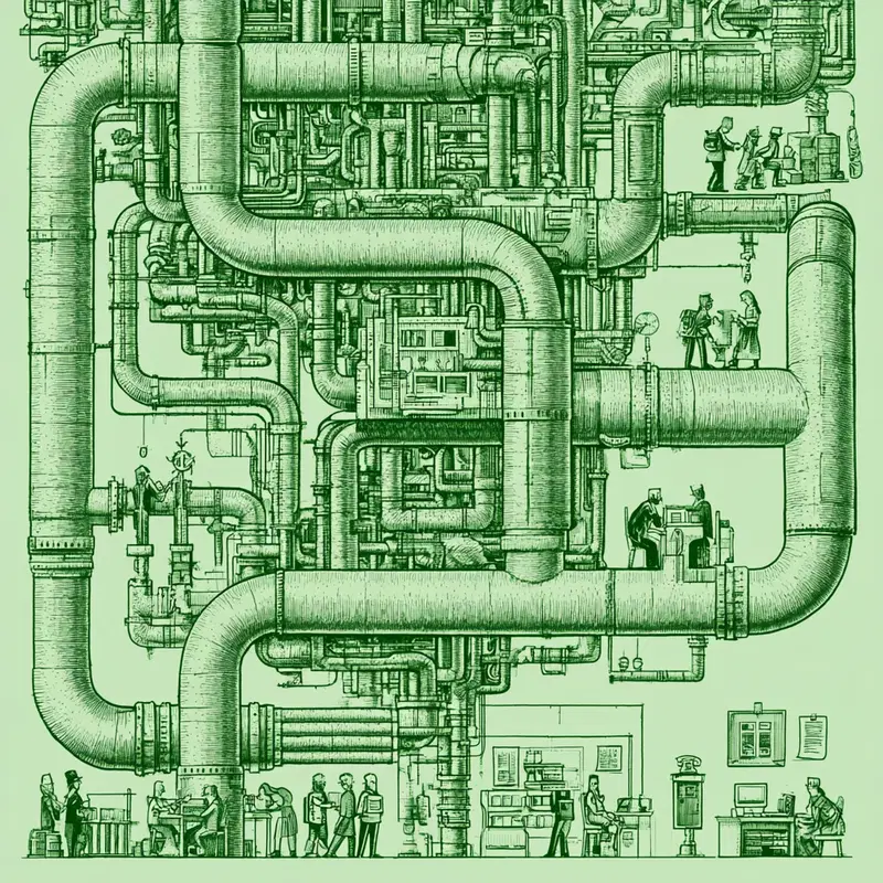 Intricate Concept Art of Industrial Pipes Integrated with Workspaces and People