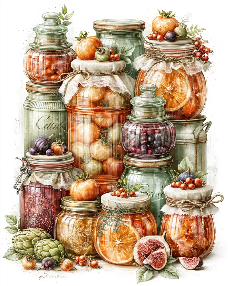 Watercolor Illustration of Jars Filled with Preserved Fruits and Vegetables