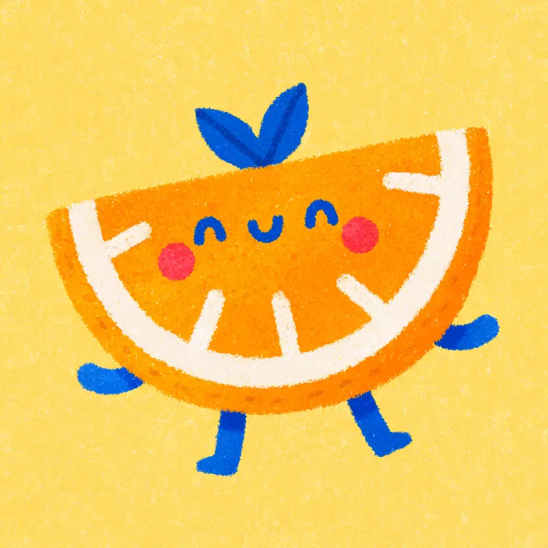 Cute playful illustration of a happy orange slice character