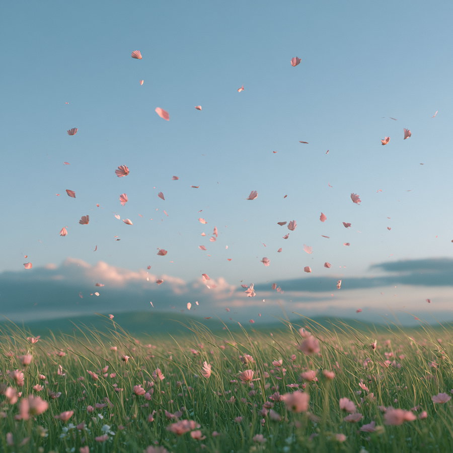 A field of green grass with scattered pink flowers and pink petals floating in the air under a blue sky with clouds at sunset