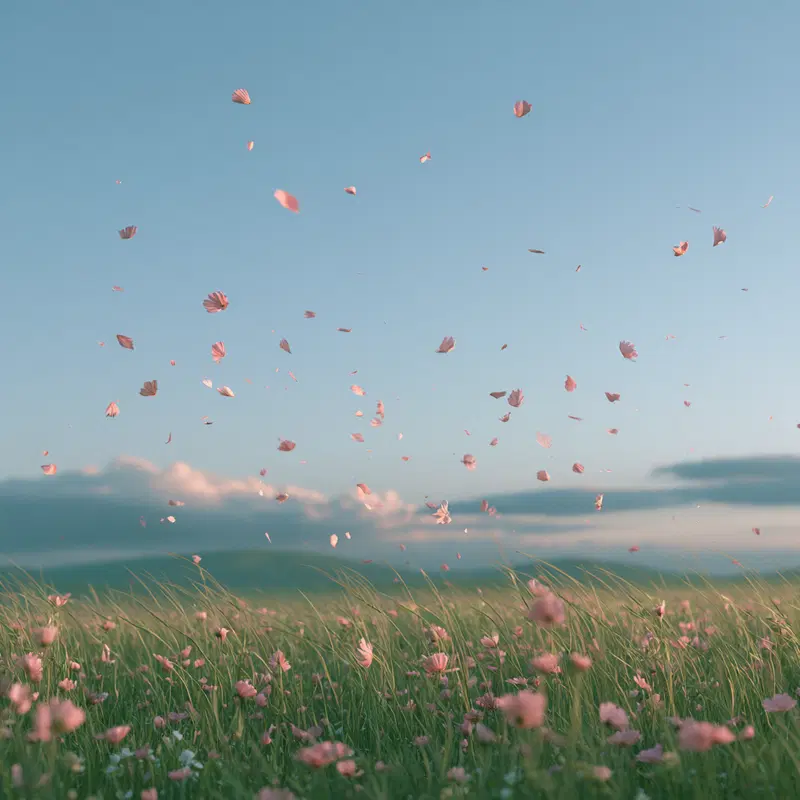 Pink flower petals scattered by the wind over a grass field at sunset