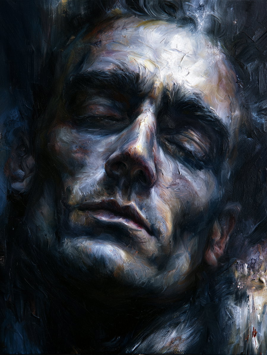 Close-up oil painting of a man's face with eyes closed, textured brush strokes creating shadows and highlights