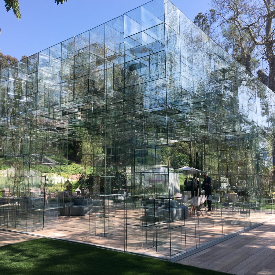 A modern architectural installation made of multiple transparent and reflective glass cubes assembled into a large cube structure outdoors surrounded by trees and grass under a clear blue sky.