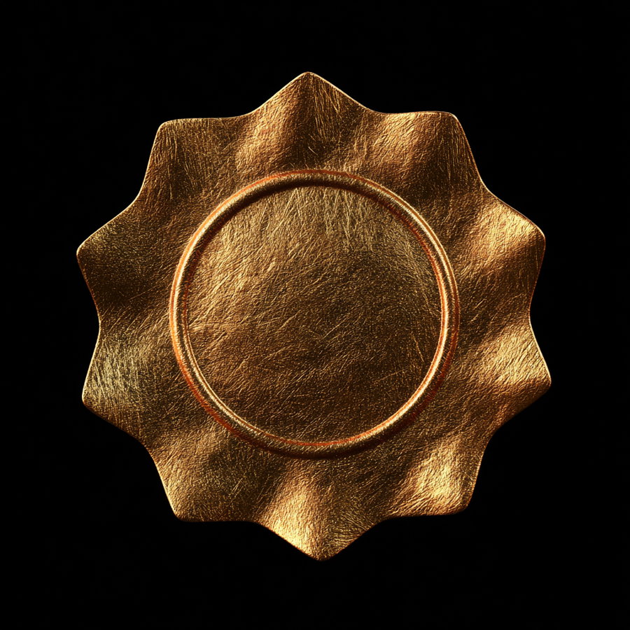 A gold metallic embossed seal or badge with scalloped edges and a circular center on a black background