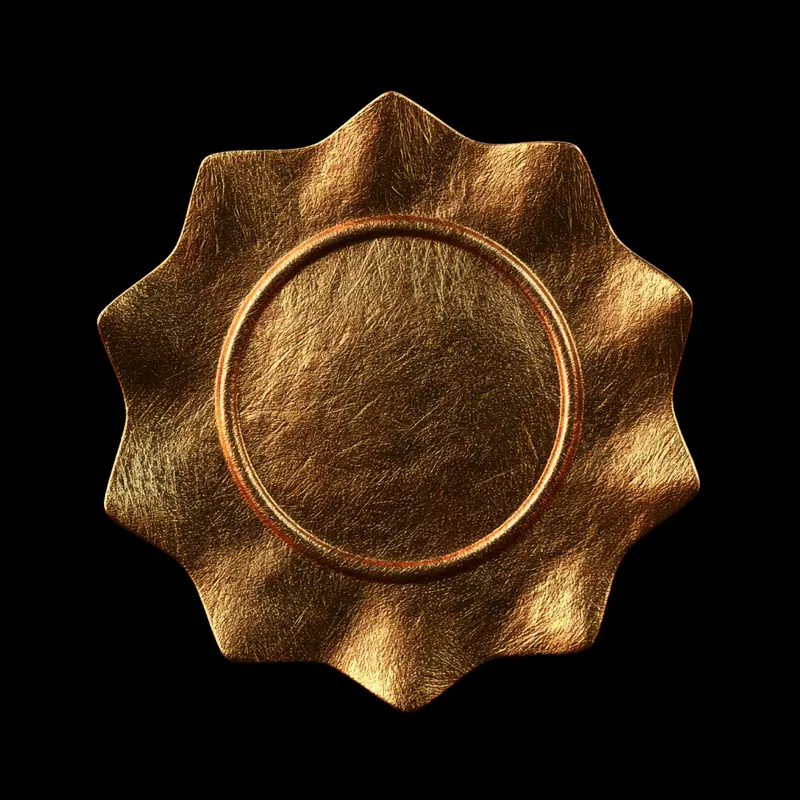 Gold metallic embossed seal or badge with scalloped edges on black background