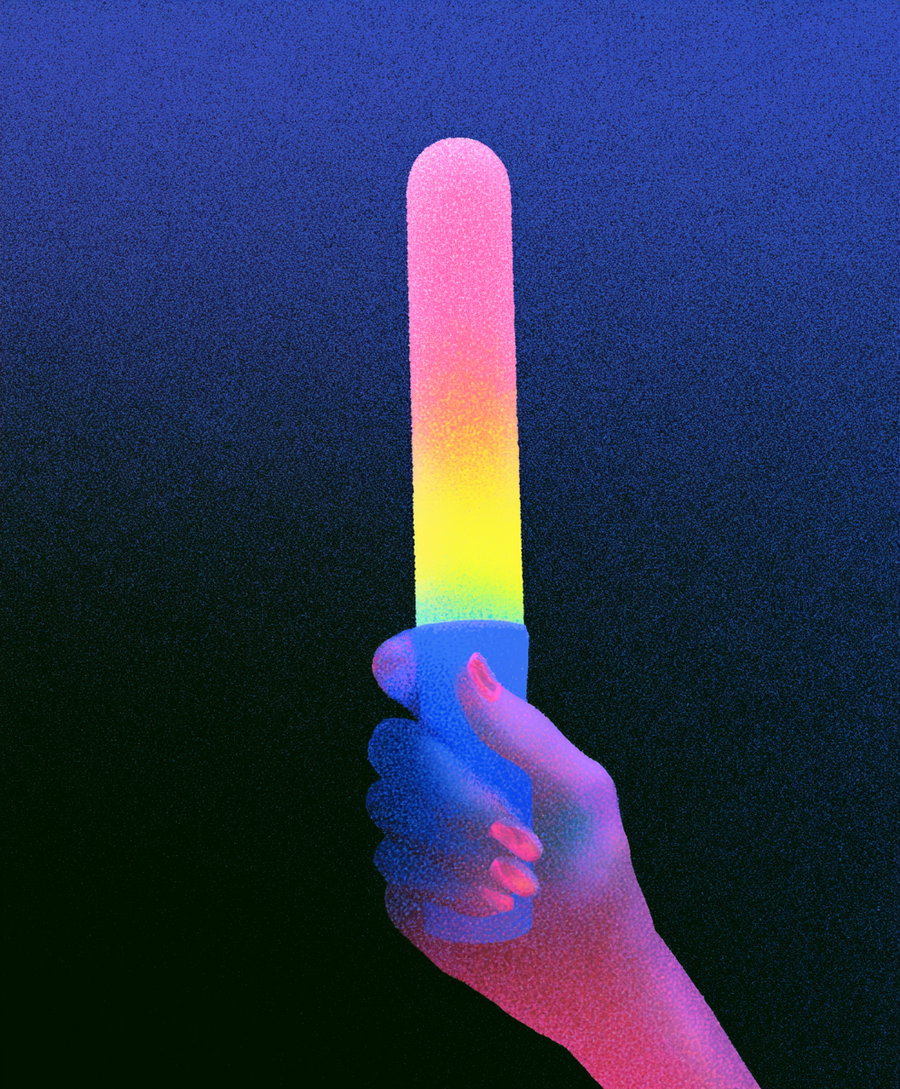 A stylized digital illustration showing a hand with pink nails grasping a glowing stick with gradient colors ranging from pink to yellow, set on a dark blue and black background