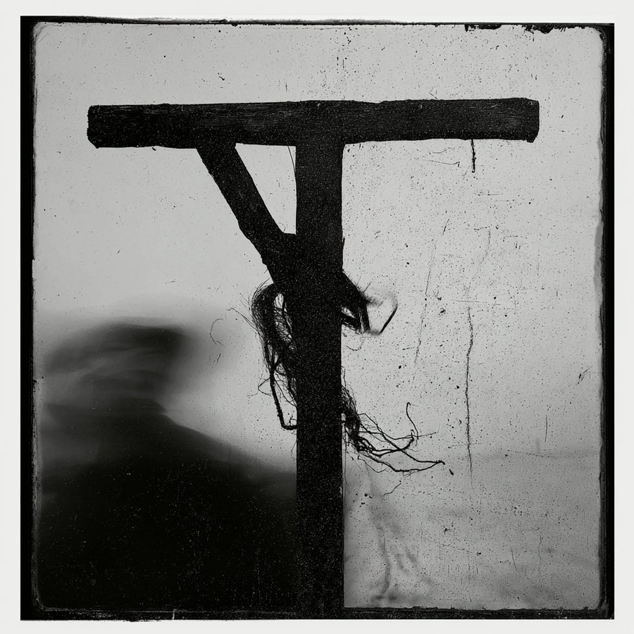 A black and white abstract photo with a rustic vertical post tied with frayed rope in the center and a blurred silhouette of a figure on the left side against a textured wall background.