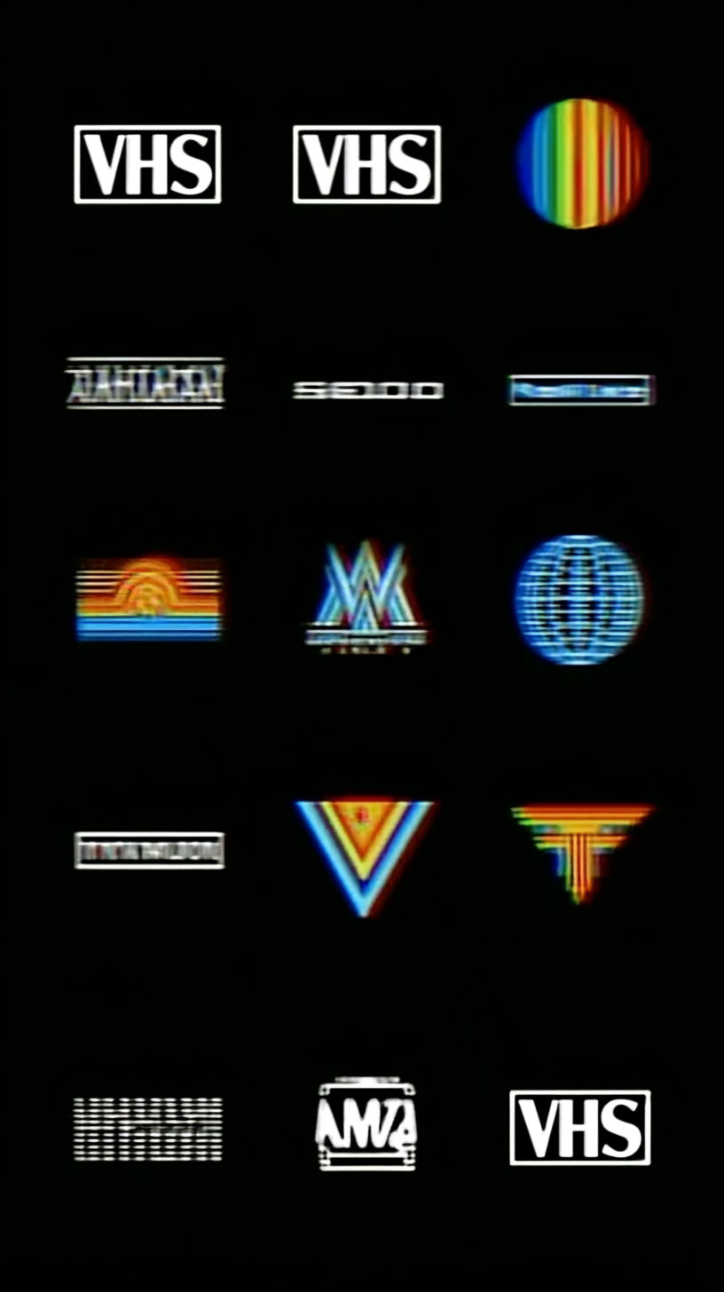A collection of various vintage-style logos including multiple VHS symbols and colorful retro graphics on a black background