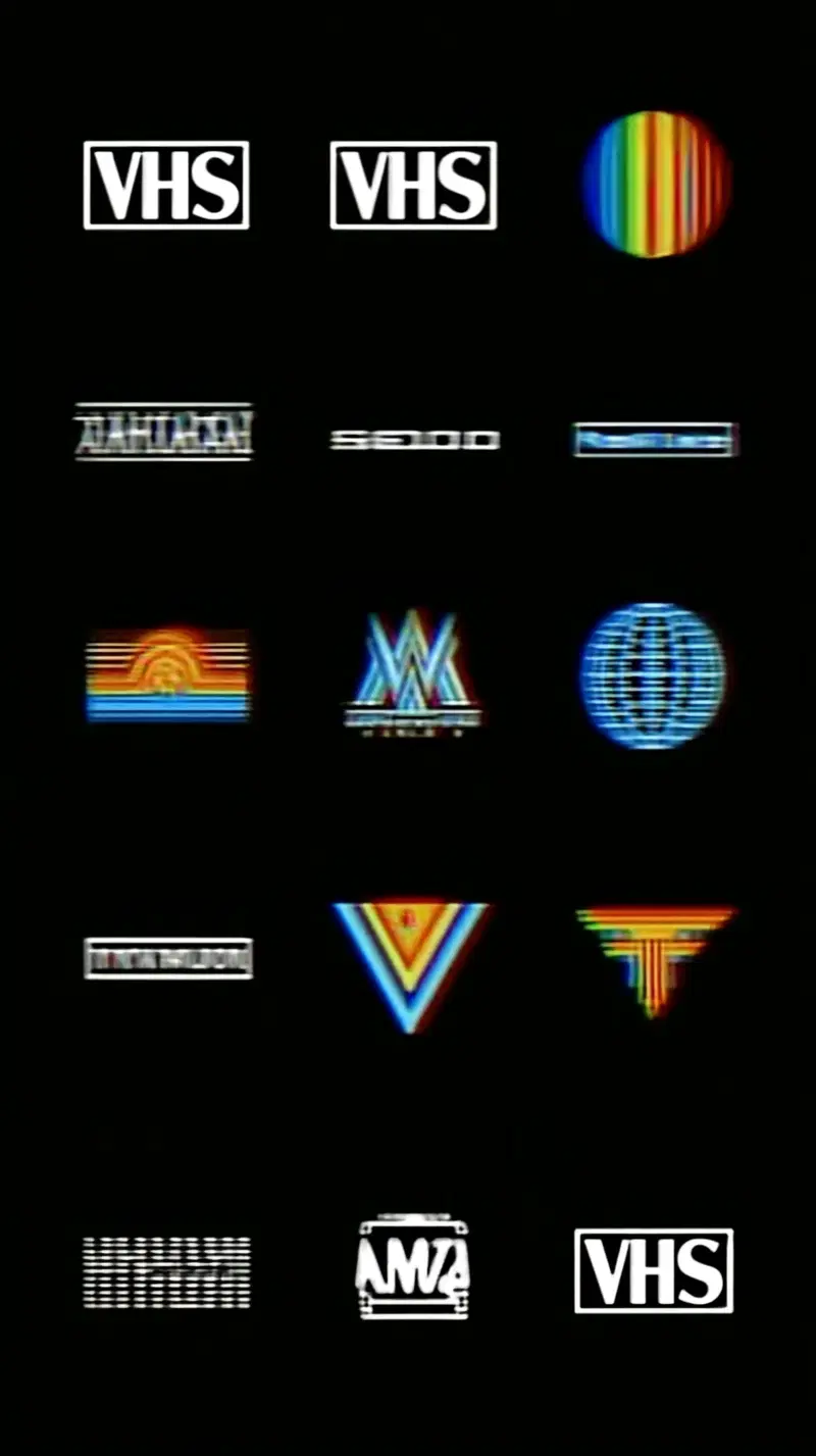 Vintage VHS and retro-style colorful logos in an 80s aesthetic