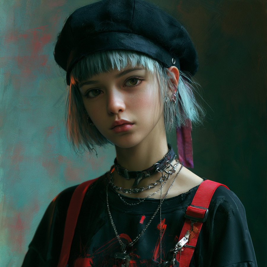 A digital painting depicting a young woman with light blue hair, wearing a black beret, black top with red straps, and multiple necklaces including a choker and chains against a painterly background.