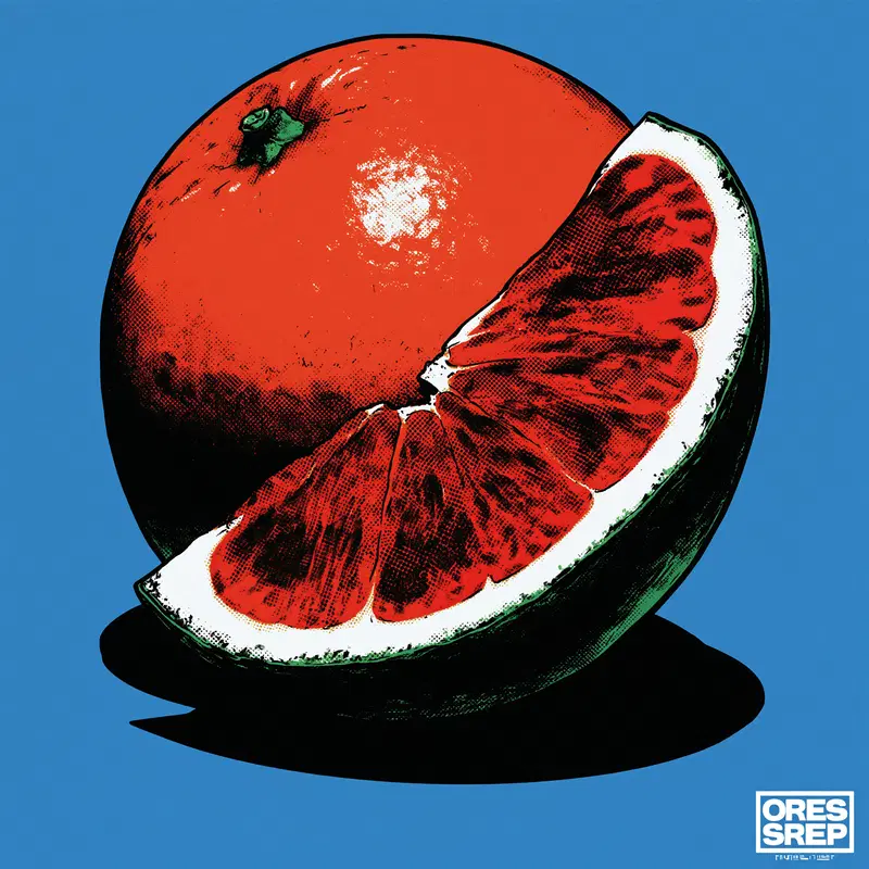 Pop Art Style Illustration of a Whole and Sliced Orange on Blue Background