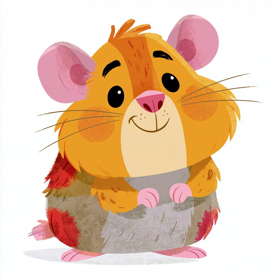 Illustration of a chubby, colorful hamster with big pink ears, black eyes, orange and brown fur, pink paws, and a happy expression