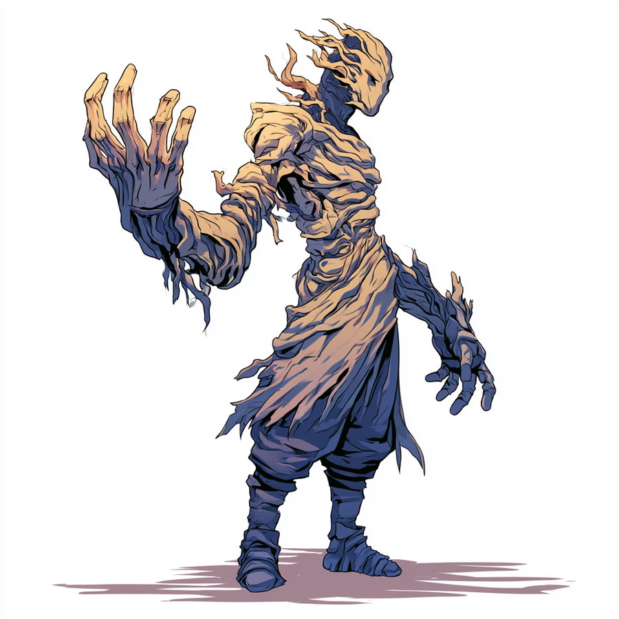 Illustration of a humanoid creature with a textured body resembling wrapped cloth or bark, elongated fingers, and a head with a mask-like face, standing on a shadowed surface against a white background