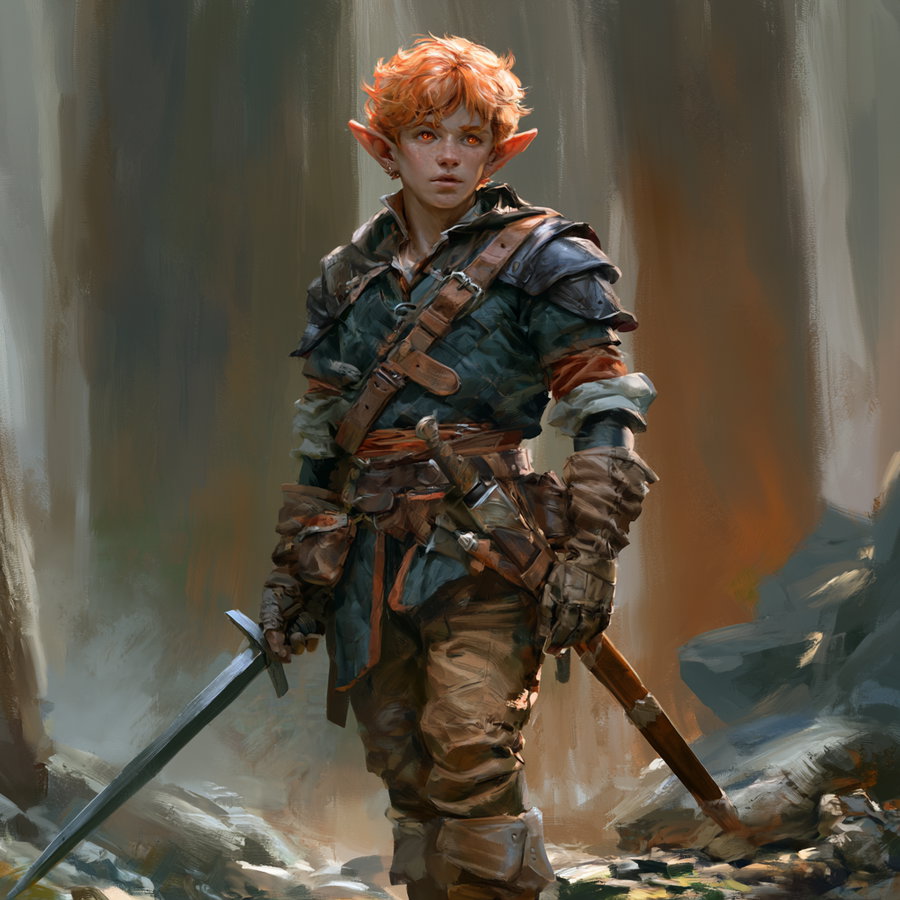 A red-haired elf warrior with pointed ears stands in a forest holding a sword, wearing armor and rugged clothes, with a forest background in painterly style