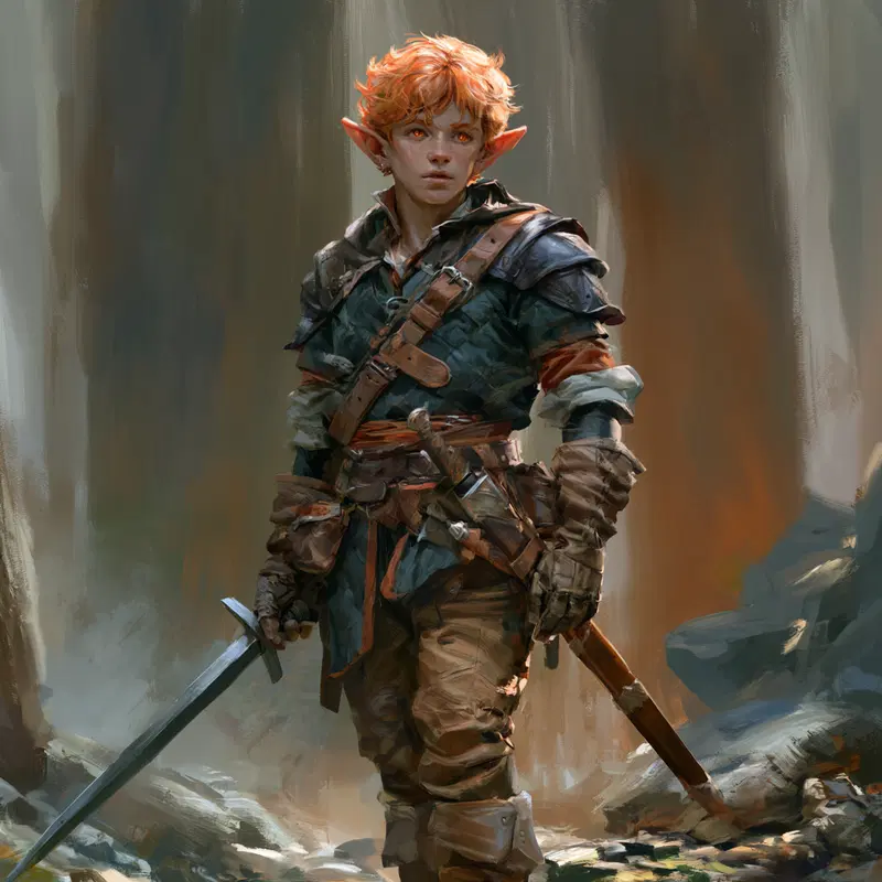 Detailed fantasy art of an elf warrior with sword in a mystical forest