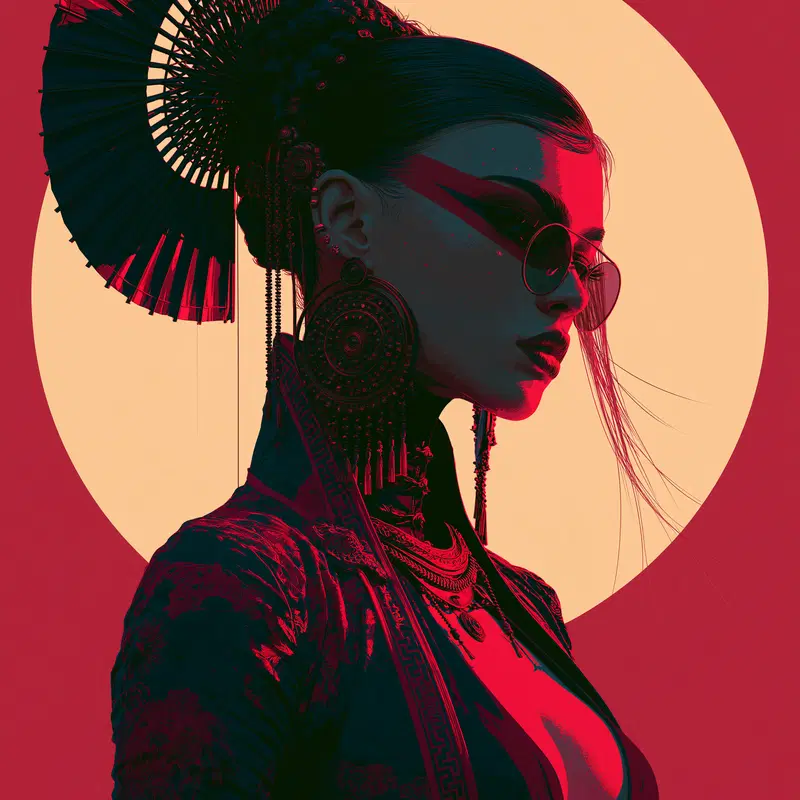 Stylized portrait of a woman with ornate accessories and round sunglasses against a red and beige background