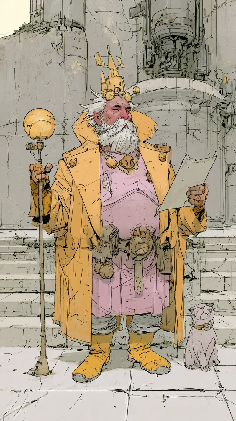 Elderly bearded royal figure holding a staff and parchment with a cat at his side
