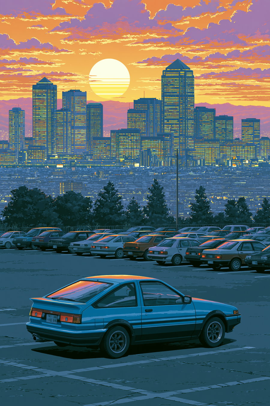 A digital art illustration of a blue vintage car parked in a parking lot with many other cars, with a city skyline and a large sun setting behind clouds in the background.