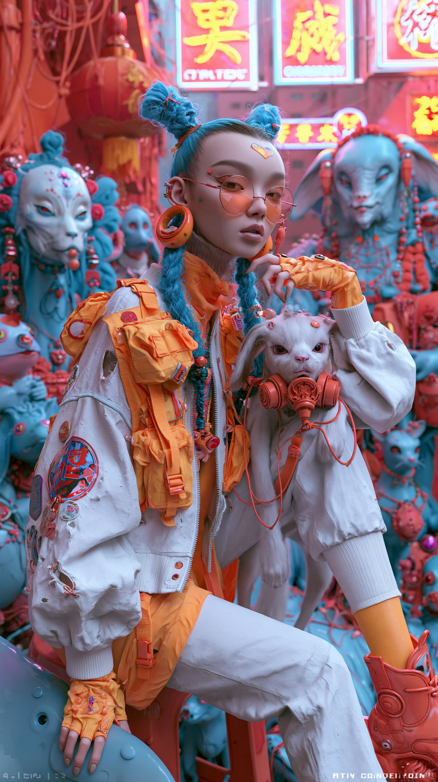A woman with bright blue hair styled in buns and braids, wearing orange-tinted glasses, an orange and white outfit with tactical accessories, and neon orange gloves; she is holding a white rabbit with a gas mask and orange cables against a background of neon signs and fantastical blue and orange creatures.