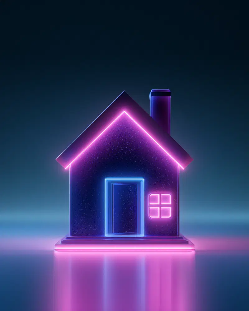 Futuristic digital art of a neon glowing house in dark blue and pink tones