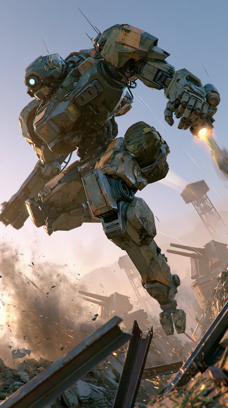 A large, detailed sci-fi mech robot jumping forward amidst a battlefield filled with debris, explosions, and futuristic artillery structures in the background.