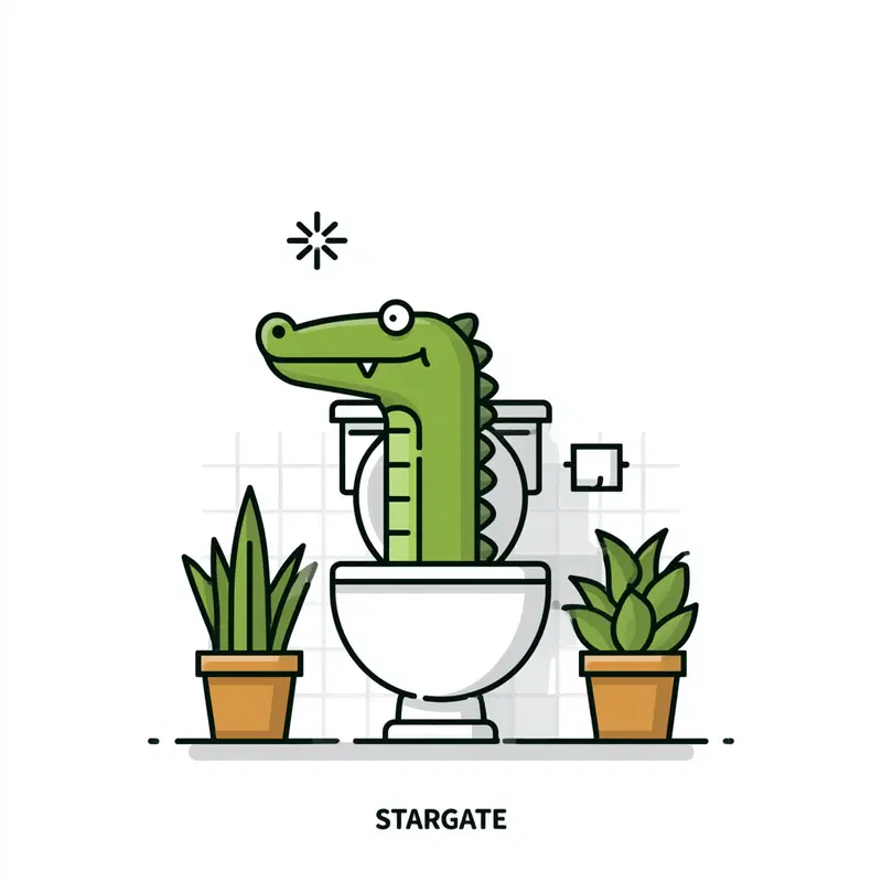 Illustration of a Cartoon Alligator Emerging from a Toilet Seat in a Bathroom