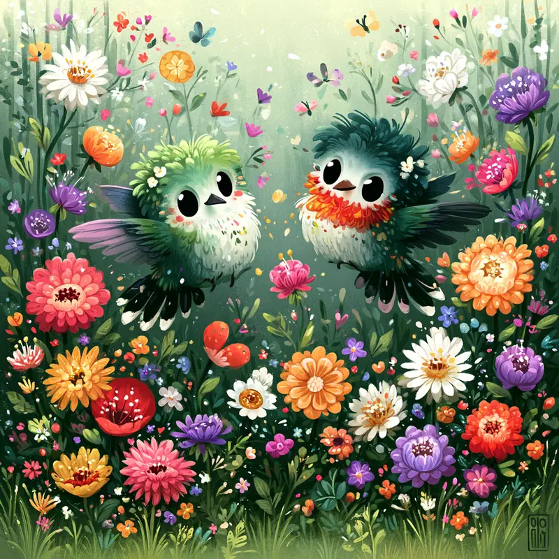 Whimsical fantasy scene with two colorful birds in a vibrant flower garden