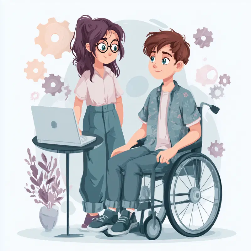 Illustration of a boy in wheelchair with a standing girl and laptop