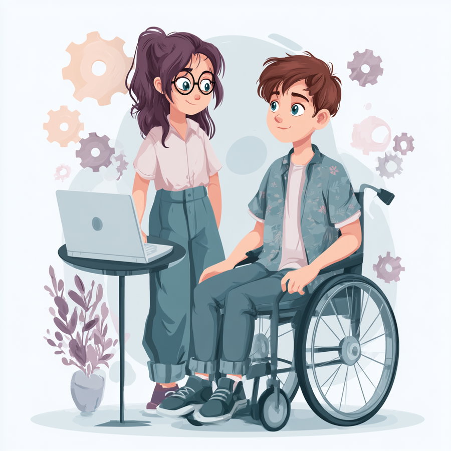 Digital illustration showing a boy seated in a wheelchair next to a standing girl with glasses and dark hair, with a laptop on a small round table and gears floating in the background