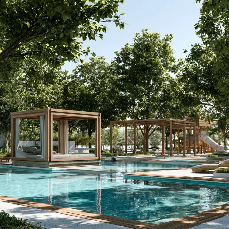 Modern Outdoor Pool Area with Wooden Daybeds and Greenery Surroundings