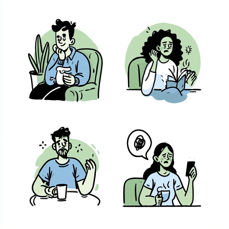 Four illustrations showing people in different emotional states: a man relaxed with a drink, a woman in discomfort touching her ear and reading, a man looking confused at a cup, and a woman upset holding a phone and a steaming cup
