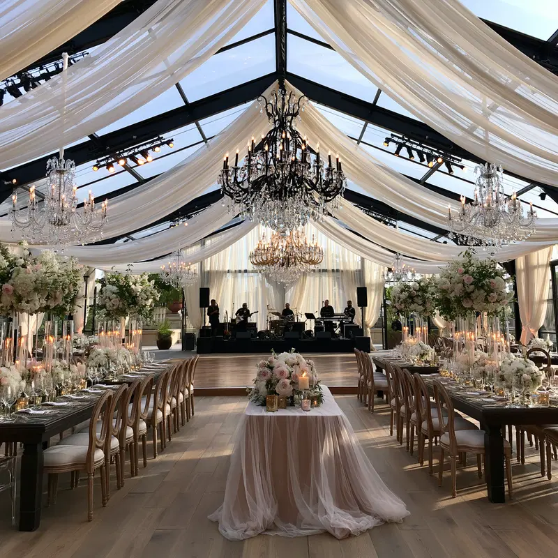 Elegant wedding reception setup with chandeliers and floral decor
