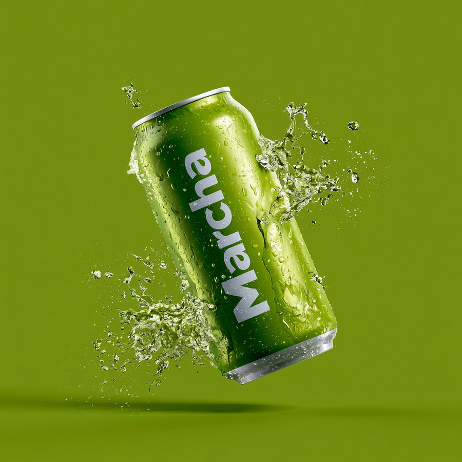 A green aluminum soda can with the text 'Marcia' splashing water droplets, set against a solid green background