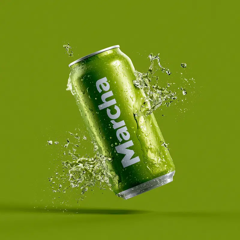 Green soda can splashing water on a matching green background