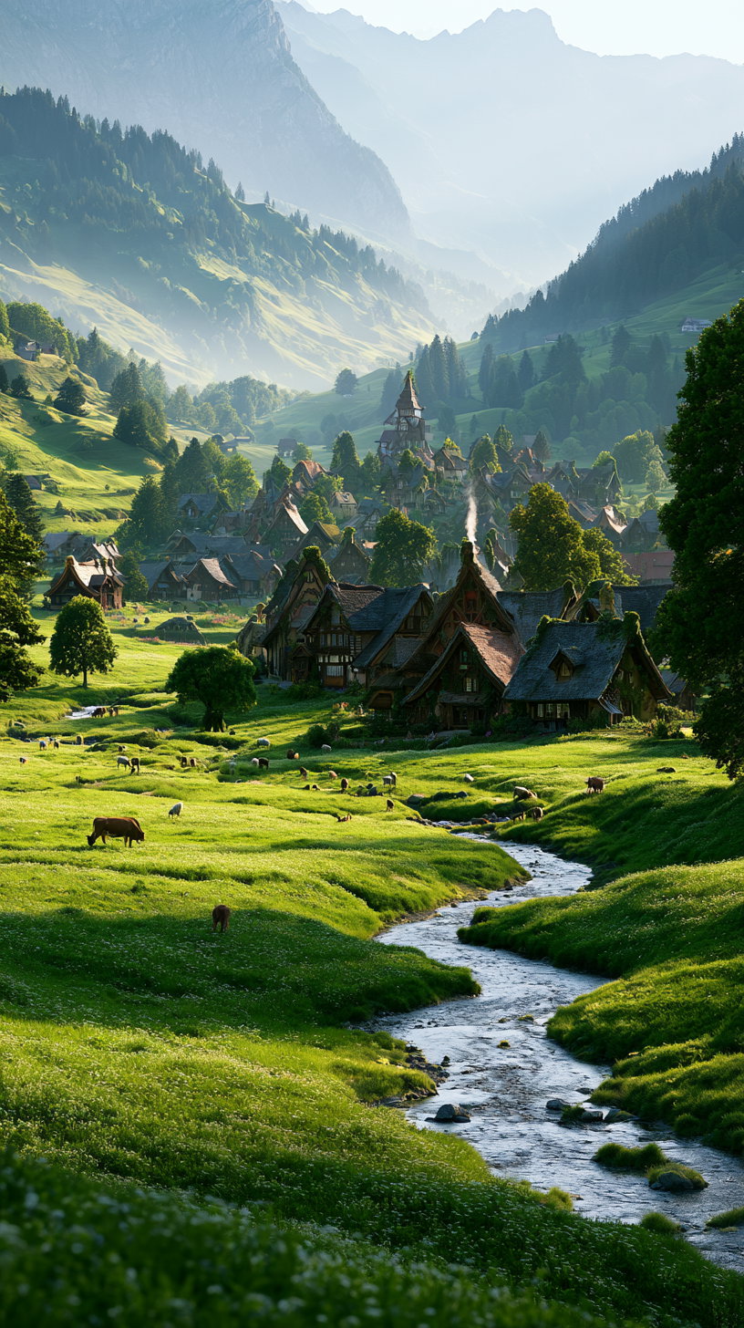 A picturesque village with traditional houses surrounded by lush green fields, a meandering stream, grazing animals, and forested mountain slopes in the background under soft morning light.