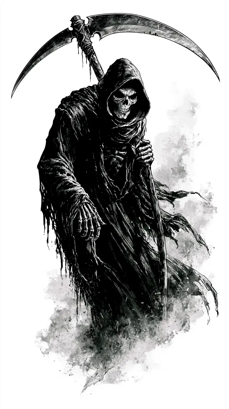 Dark fantasy illustration of the Grim Reaper wielding a large scythe
