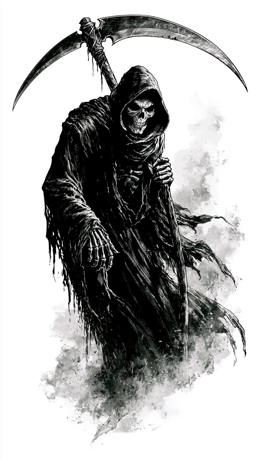 Black and white detailed drawing of the Grim Reaper in a tattered hooded cloak holding a large curved scythe with a skeletal hand reaching forward, surrounded by a smoky mist