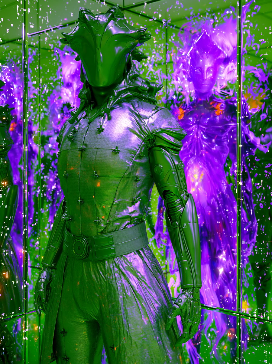 A futuristic humanoid wearing shiny green armor with a helmet obscuring the face, standing against a backdrop of glowing purple abstract forms and reflective surfaces.