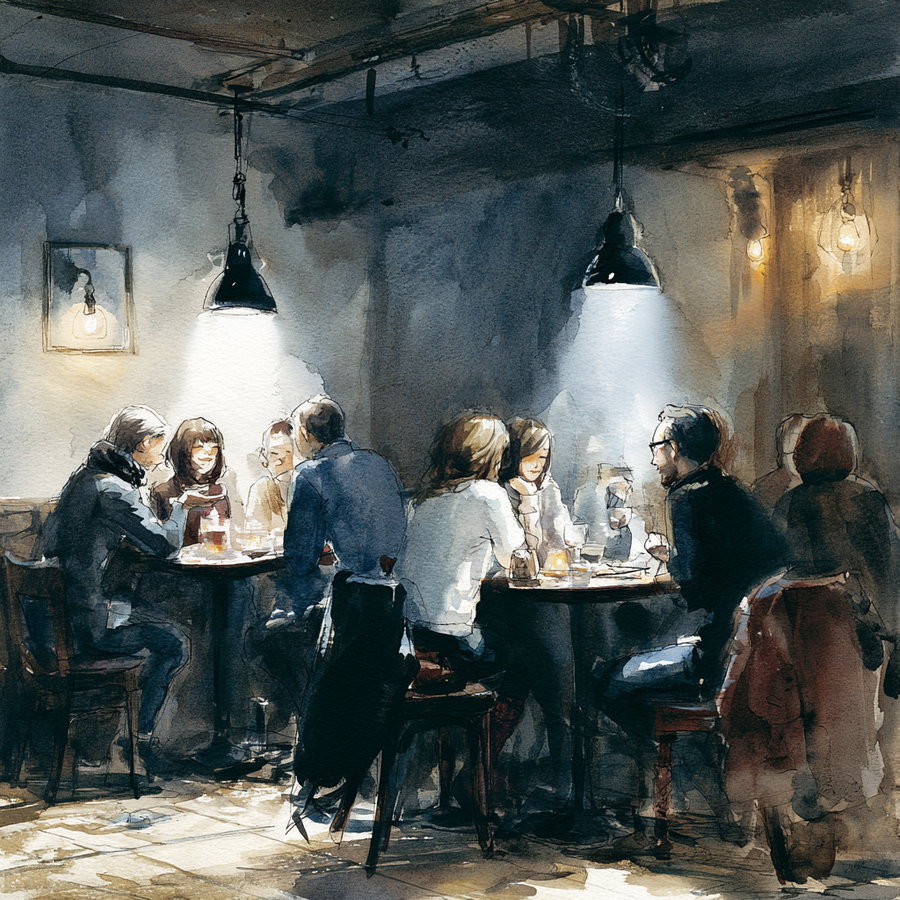 Watercolor artwork showing a group of people sitting around tables in a dimly lit café with hanging lamps casting light on them