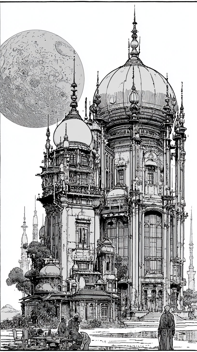 Black and white detailed illustration of a large classical-style building with domes and spires, figures at the base, and a large detailed moon in the sky behind it