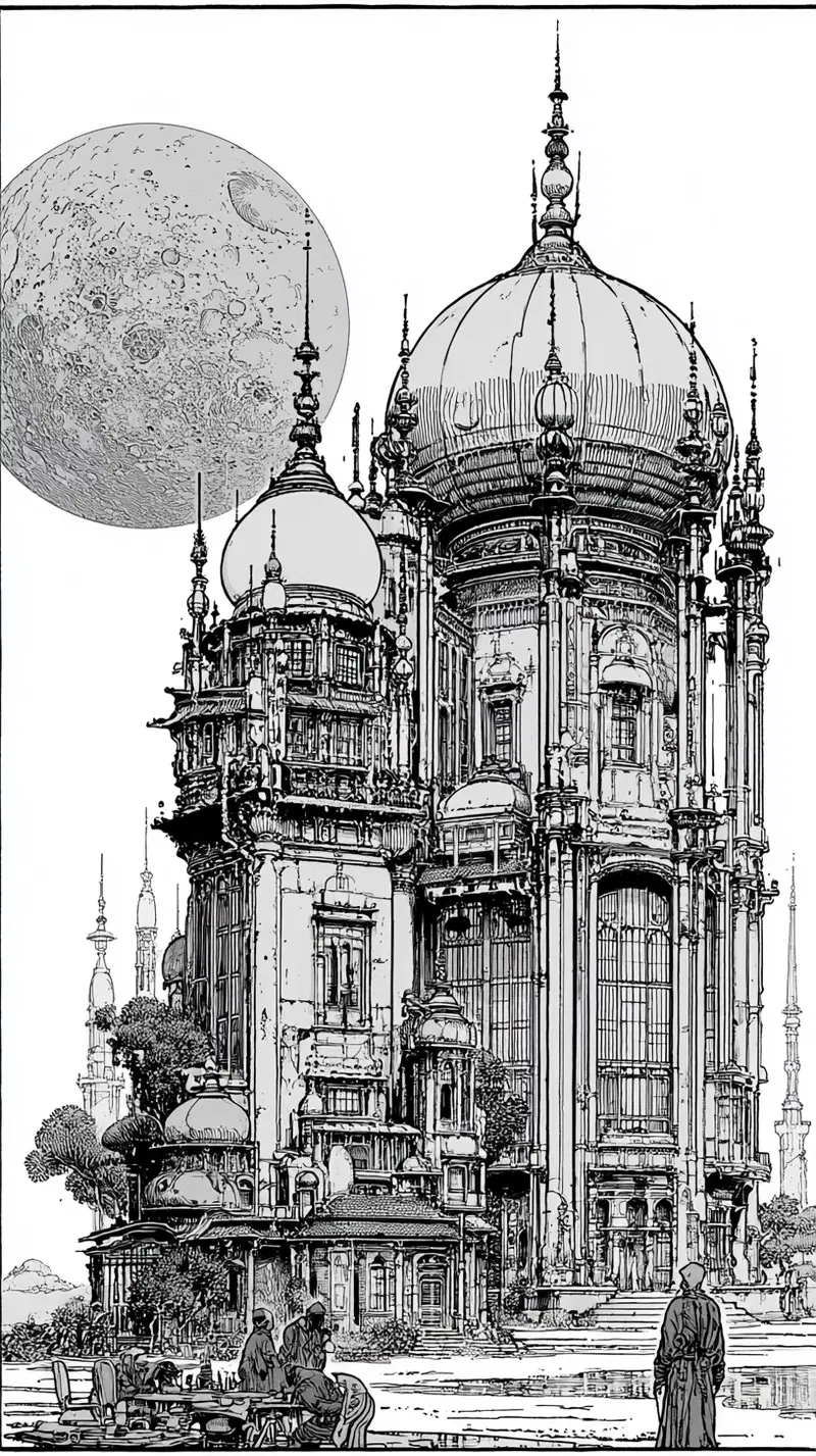 Intricately detailed architectural drawing of a grand domed building with ornate towers and a close-up moon in the background