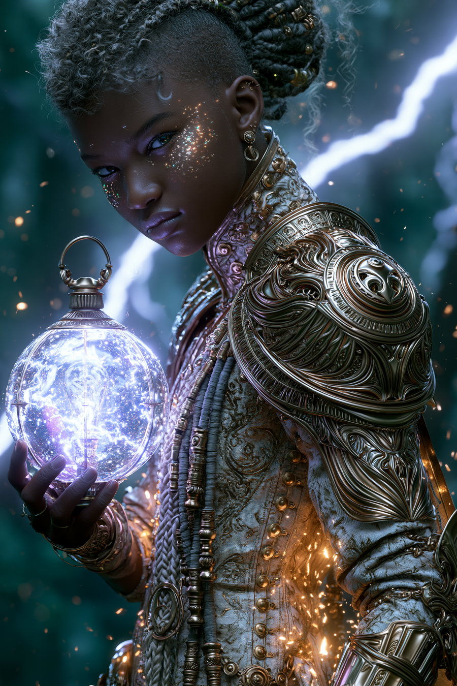 A fantasy character with dark skin and stylish braided hair wearing intricately detailed golden armor and a decorative jacket, holding a glowing orb emitting light and sparks