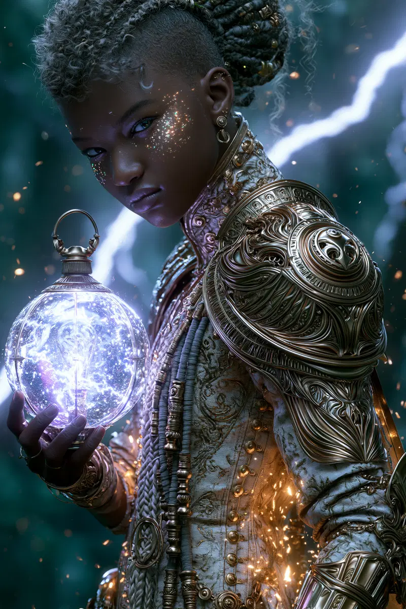 Fantasy portrait of a wizard holding a glowing magical orb with ornate armor