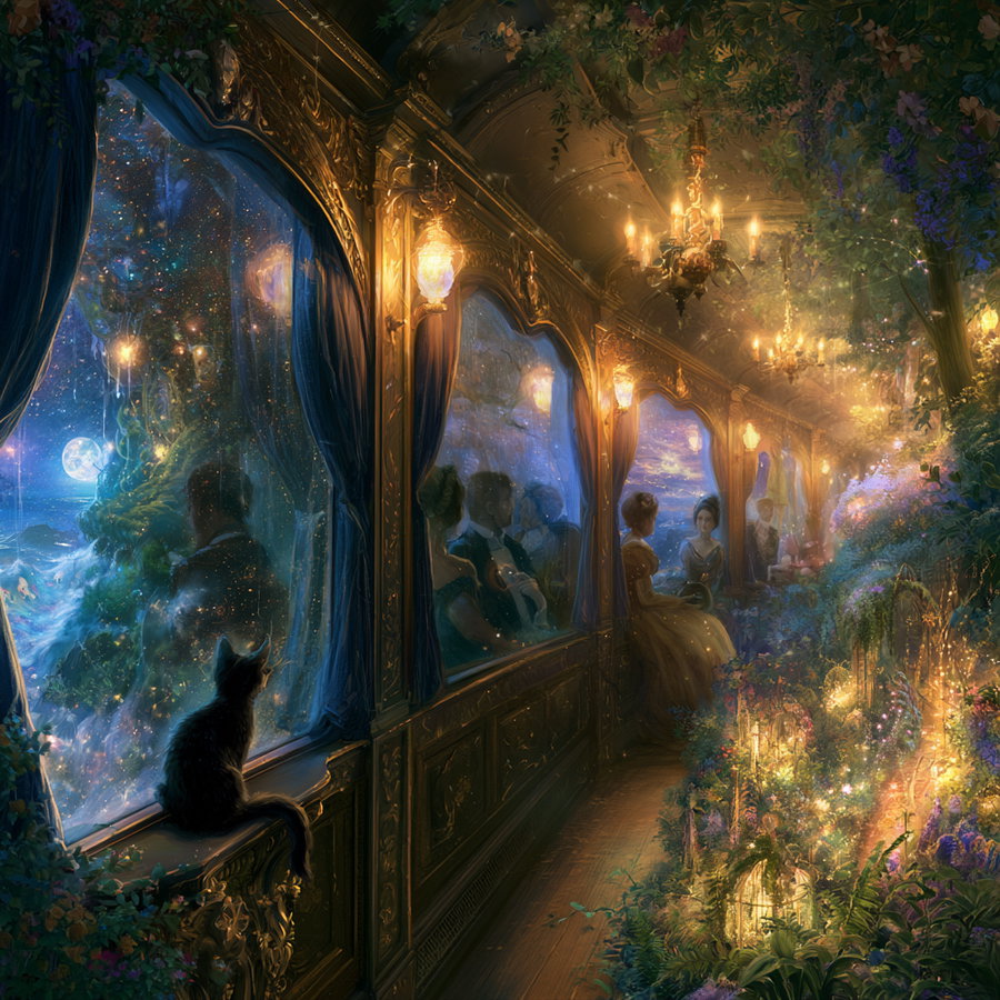 A dreamy scene of a corridor with ornate golden walls and chandeliers, Victorian-dressed people sitting by large windows looking into a starry, mystical night. A black cat sits on the window ledge, plants and flowers grow abundantly inside, glowing softly with warm lights.
