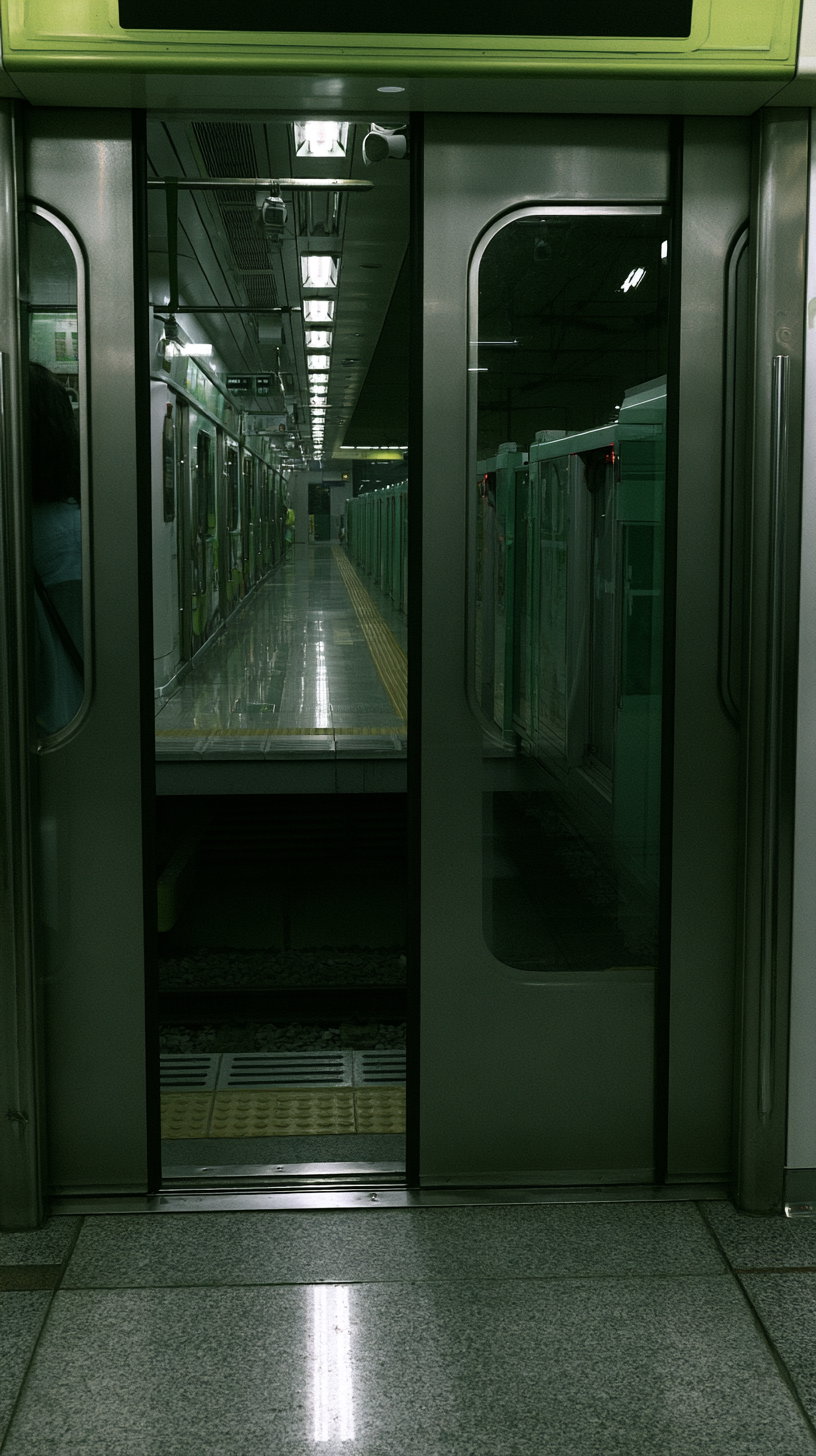 Photo of a subway platform reflected in the glass doors of a subway train, showing fluorescent lights, platform edge, and a mostly empty station