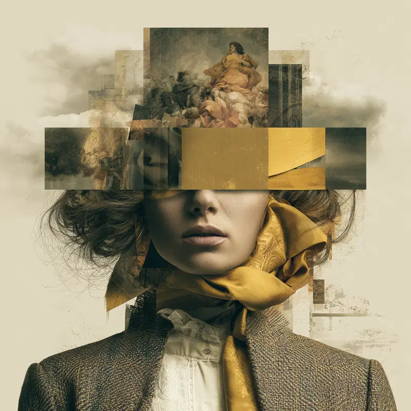 Surreal Portrait of a Woman Merged with Classical Paintings and Abstract Elements