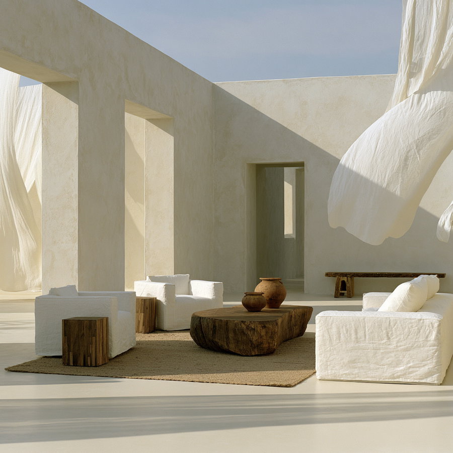 A bright minimalist room with beige textured walls, white upholstered chairs and sofa, wooden coffee table and small wooden side tables, with white fabric billowing from above.